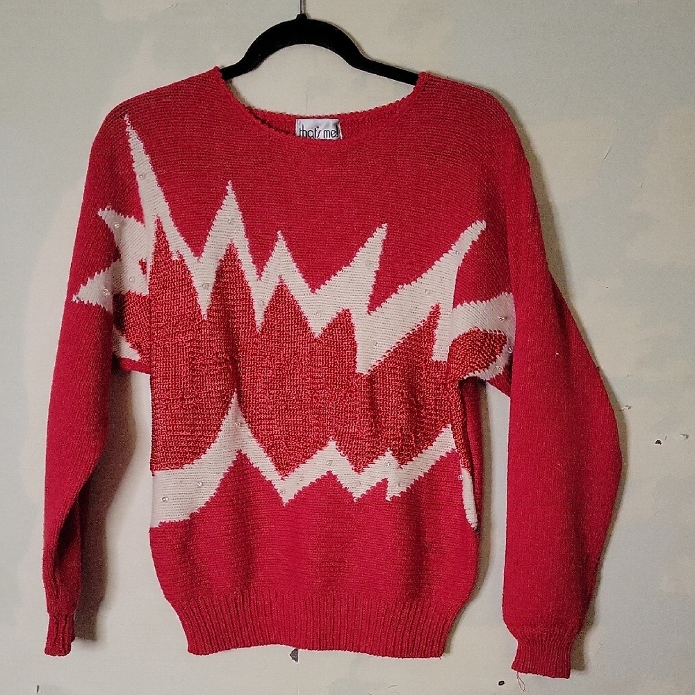 Vintage 1980s Sweater With Chevron Pattern & Beaded Detail